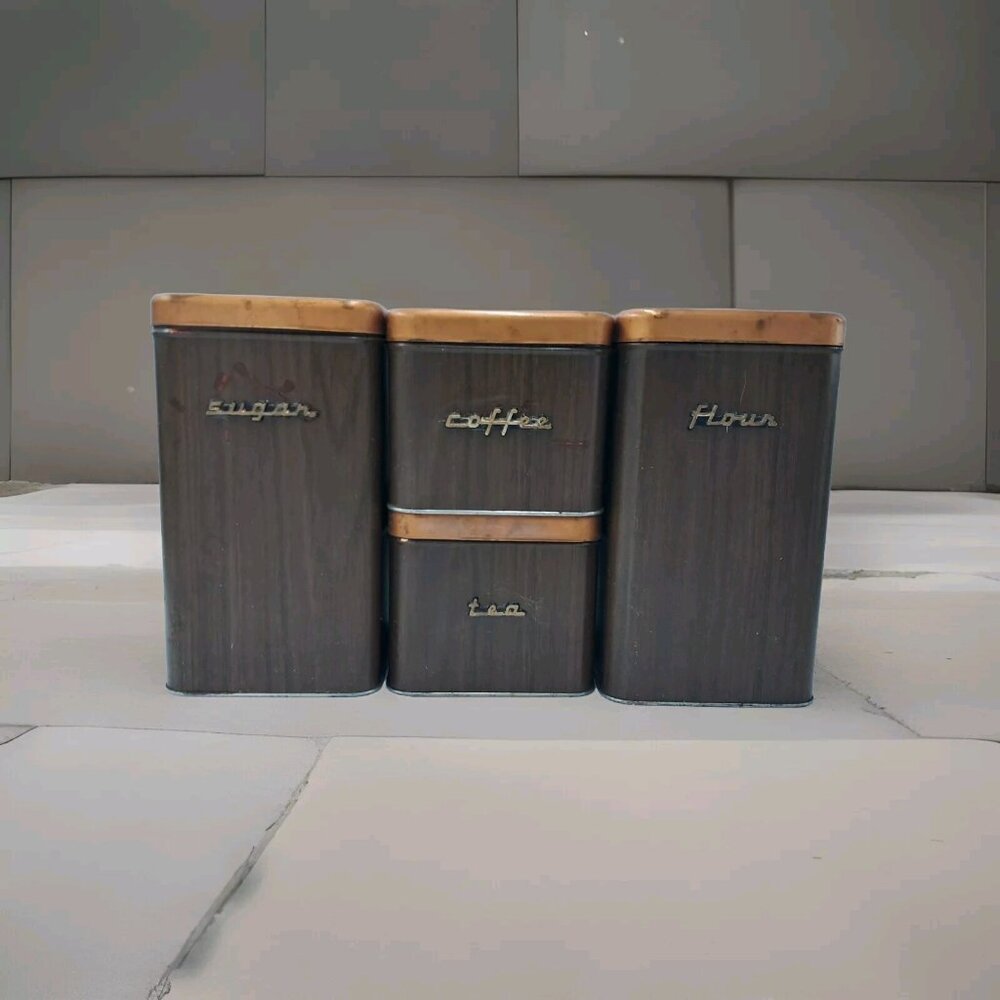 Kenmore Brown Metal Canister Set-Flour-Sugar-Coffee-Tea-Mid Century Kitchen-READ